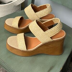 LUCKY BRAND Tan Raffia Platform Wedge Sandal Slingback Delukah Cream Size 8 New